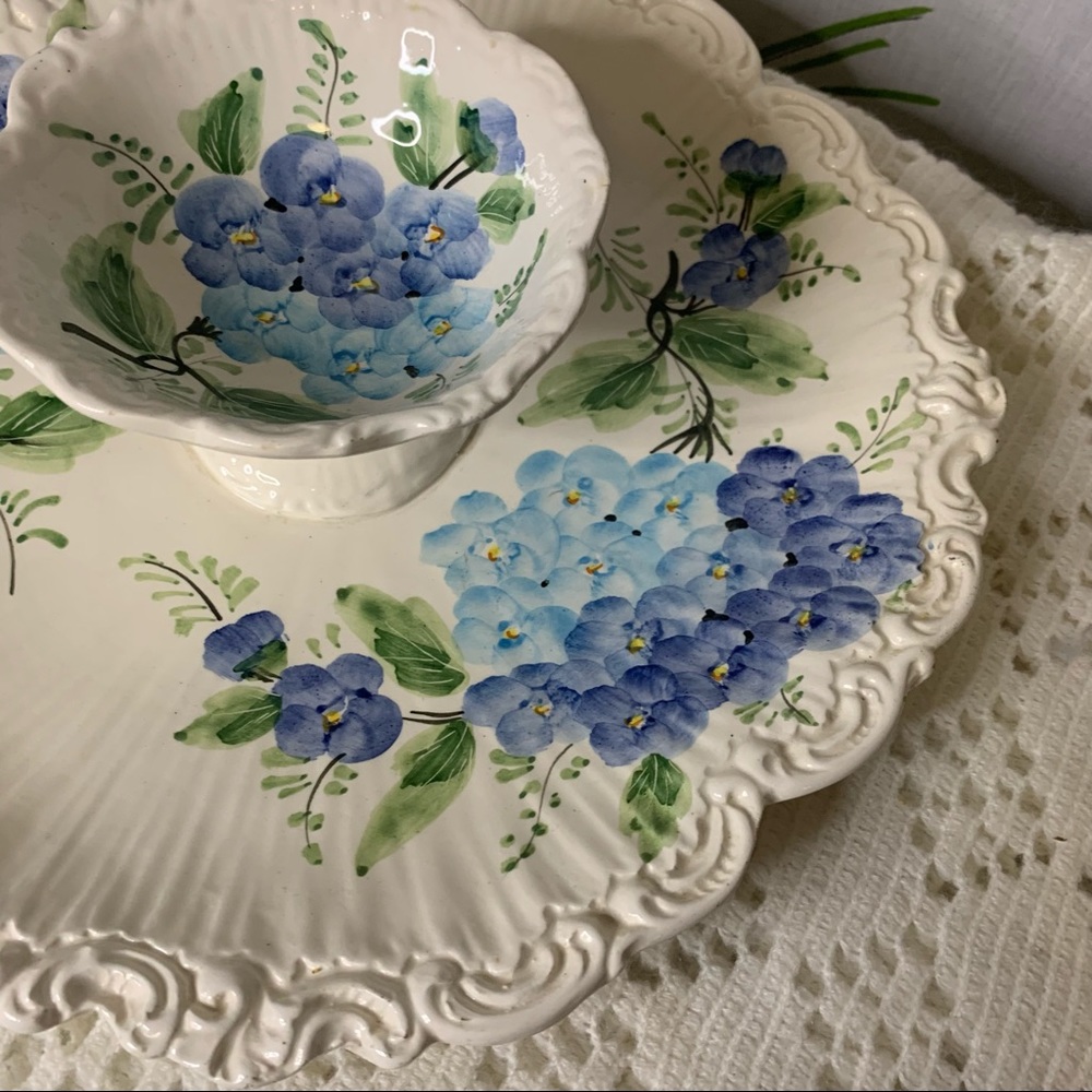 Italian pottery serving plate hand painted hydrangea art nouveau swirl edge - Picture 6 of 8